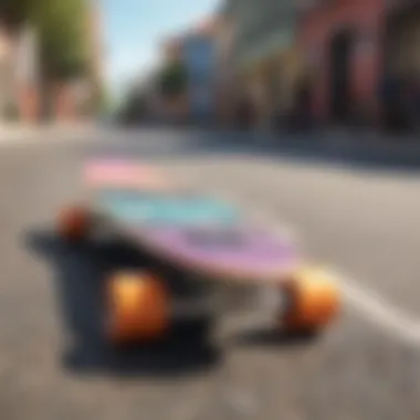 Colorful cruiser skateboard on a vibrant street