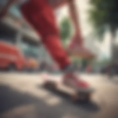 Skateboarder performing tricks in red and white check Vans at a skate park