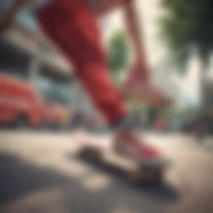 Skateboarder performing tricks in red and white check Vans at a skate park