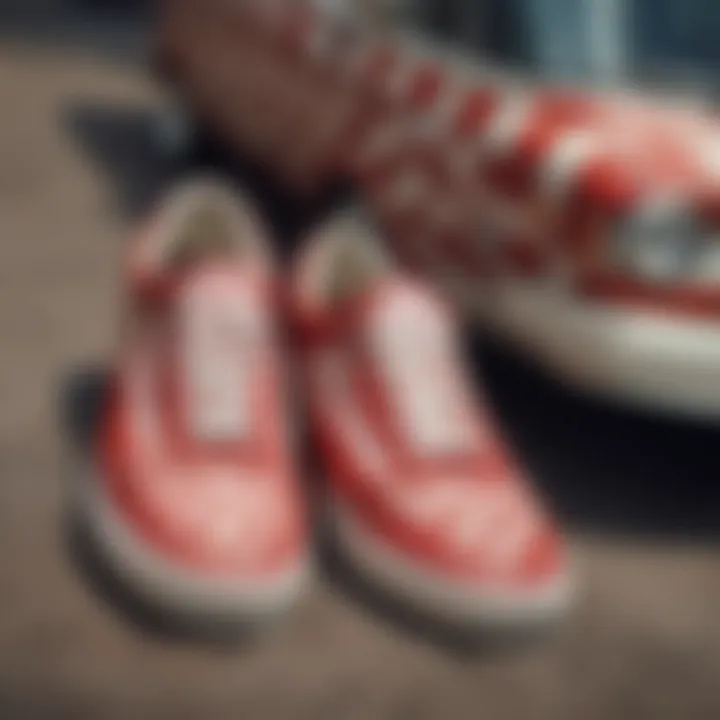 A collection of vintage skateboarding memorabilia featuring red and white check Vans
