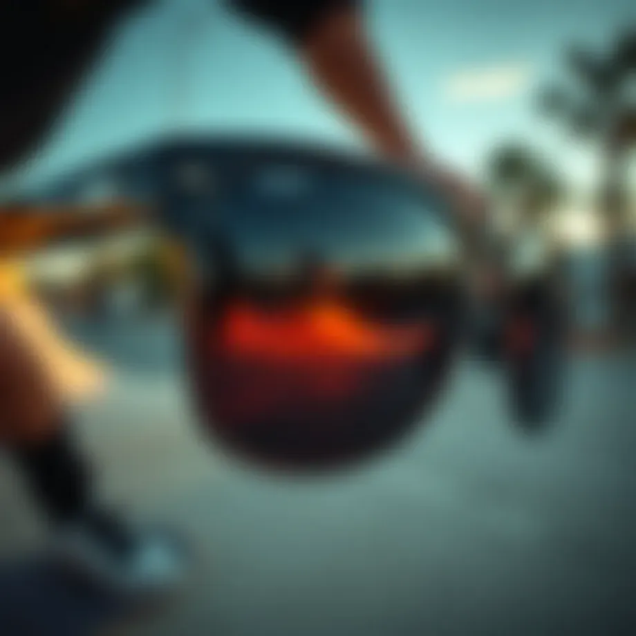 Close-up view of dark flatter sunglasses reflecting a skate park