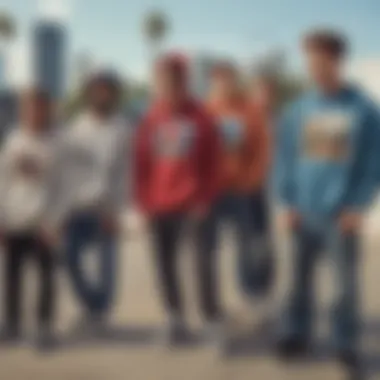 A group of skateboarders wearing trendy sweatshirts at a skate park