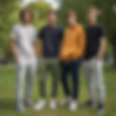 A group of friends relaxing in a park wearing trendy sweat pants