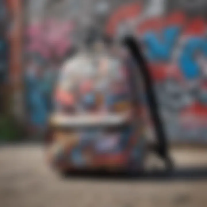 An artistic representation of various Sprayground crossbody bags displayed against a backdrop of urban graffiti art.