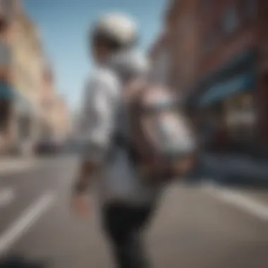 Functionality in Action: Skateboarder with Crossbody Bag A skateboarder in motion, effortlessly carrying a Sprayground crossbody bag, highlighting its functionality.