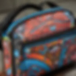 A close-up view of a stylish Sprayground crossbody bag showcasing its intricate design and vibrant colors.