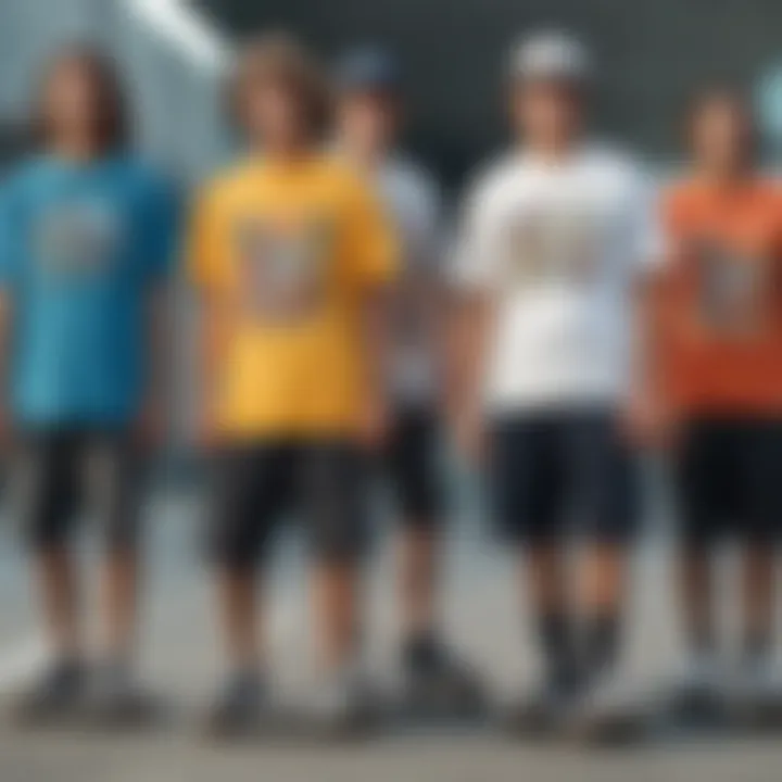 A group of skateboarders wearing diverse graphic tees showcasing their unique styles