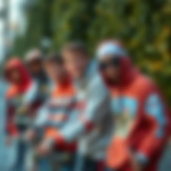 Collective Identity in Graphic Wear Group of skateboarders wearing stylish graphic wear
