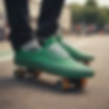 Group of skateboarders wearing green low Vans at a skate park.