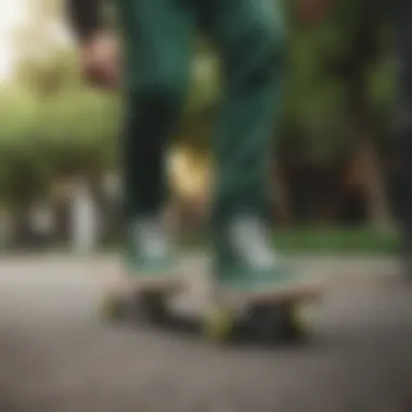 Skateboarder performing a trick wearing green low Vans.