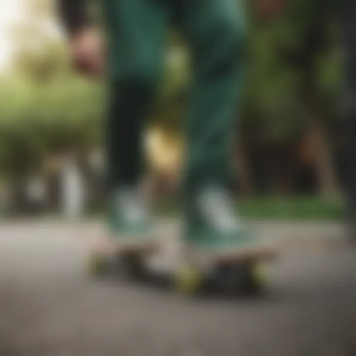 Skateboarder performing a trick wearing green low Vans.