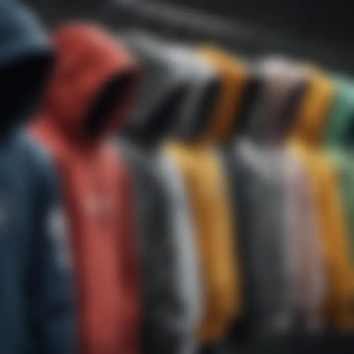 Variety of HUF hoodies displayed for sale