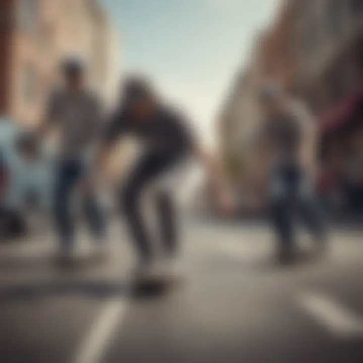 A group of skaters performing tricks while wearing gray checkered Vans, capturing the essence of skate culture.