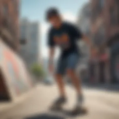 Skateboarder showcasing a stylish tee shirt in an urban setting.