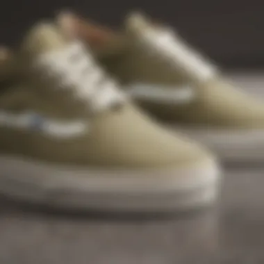 Close-up of khaki Vans showcasing their design and texture