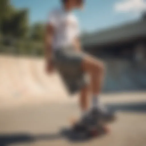 Stylish long baggy shorts showcased in a skate park environment