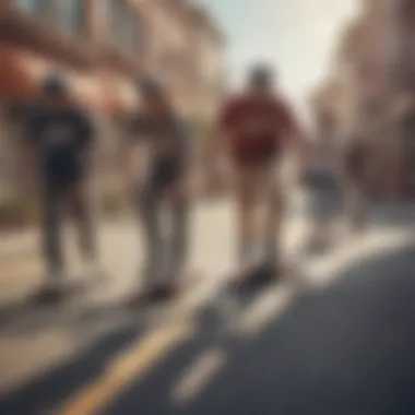 A diverse group of longboarders enjoying a ride, embodying Muirskate's community spirit