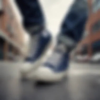 Classic navy Converse low tops on a skateboard