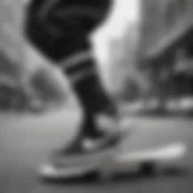 Nike Black and White socks displayed on a skateboard against urban backdrop