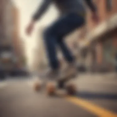 Experiencing the Thrill of One-Wheel Skateboarding User enjoying a ride on a one-wheel skateboard in an urban environment
