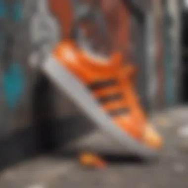 Artistic shot of orange Adidas Shell Toes against graffiti background