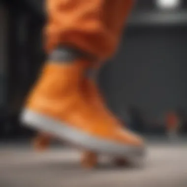 Skateboarder performing tricks while wearing orange Adidas Shell Toes