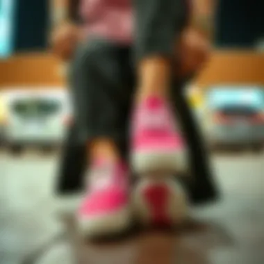 Fashionable outfit styled with pink Vans slip-ons