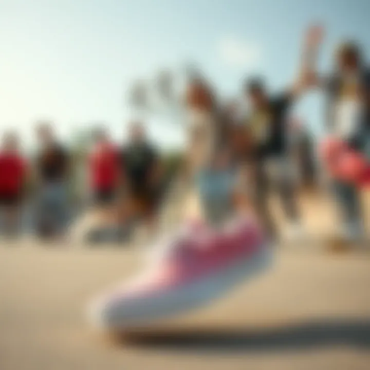 Group of skaters with various Vans slip-ons in a skate park