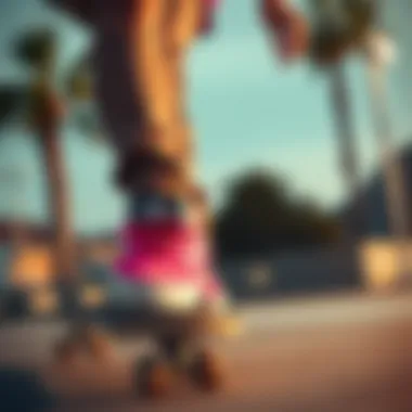 Skater performing tricks wearing pink Vans slip-ons