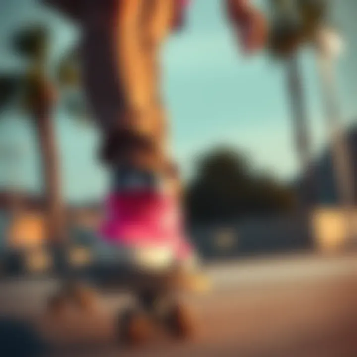 Skater performing tricks wearing pink Vans slip-ons