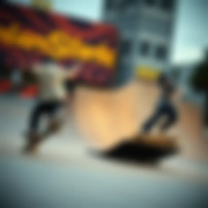 Dynamic scene of skateboarders showcasing tricks on Plan B Deks