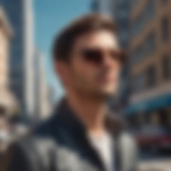 Man wearing Wayfarer sunglasses in an urban setting