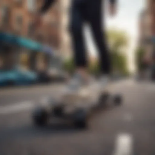 A sleek premium electric skateboard on a city street