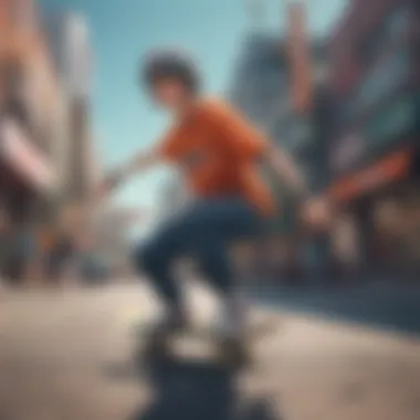 A vibrant street scene merging skate culture and anime aesthetics