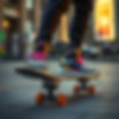 Skateboarding in Style with Fila Skateboarder wearing rainbow Fila shoes in an urban setting