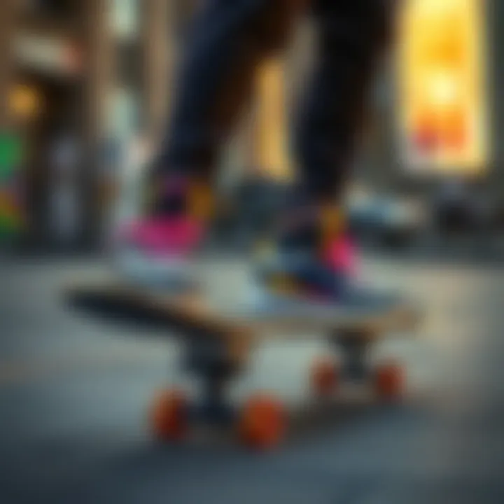 Skateboarding in Style with Fila Skateboarder wearing rainbow Fila shoes in an urban setting