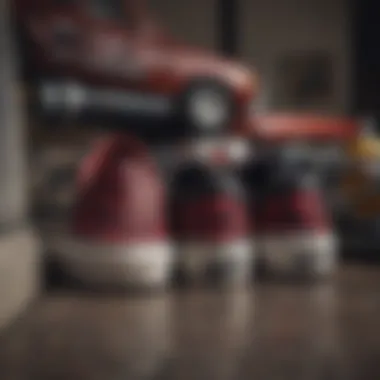 A collection of red and black checkered Vans slip-ons displayed alongside various skateboarding accessories.