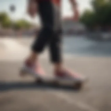 Skateboarder performing a trick while wearing red and black checkered Vans slip-ons on a skate park.