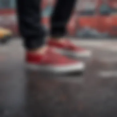 User's feet in red and black checkered Vans slip-ons resting on a skateboard with graffiti background.