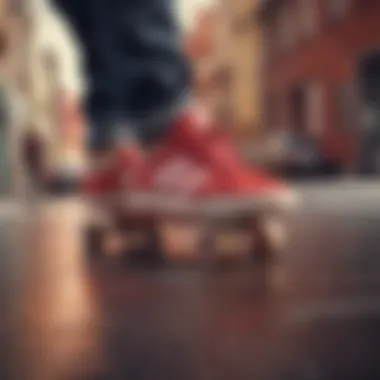 Red Filas on Skateboard A vibrant display of red Filas on a skateboard, showcasing their unique design.