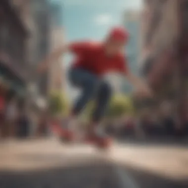 A skater performing a trick while wearing red Filas, embodying style and performance.