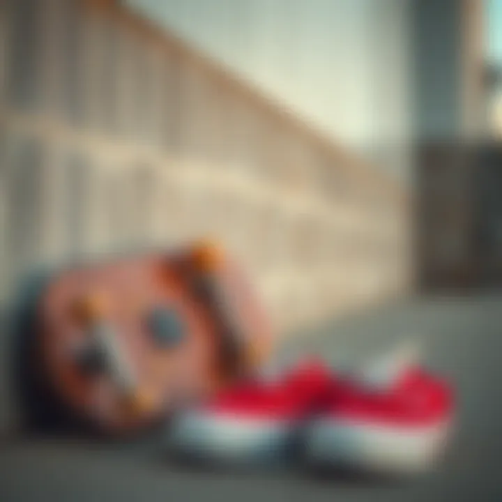 The Perfect Match: Skateboard and Red Lace-Up Vans A skateboard resting against a wall with red lace-up Vans nearby.