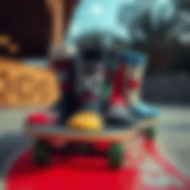 Various socks styled creatively on a skateboard deck