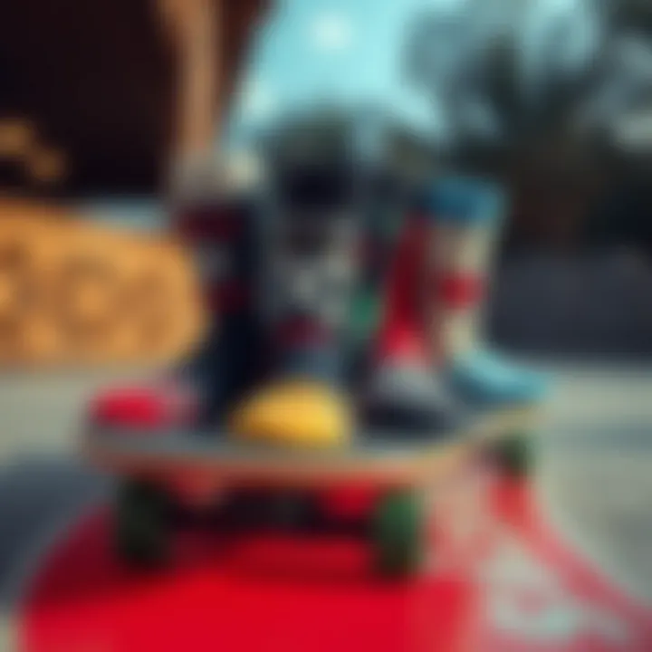 Various socks styled creatively on a skateboard deck