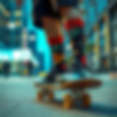 Skateboarder showcasing unique sock designs in an urban setting