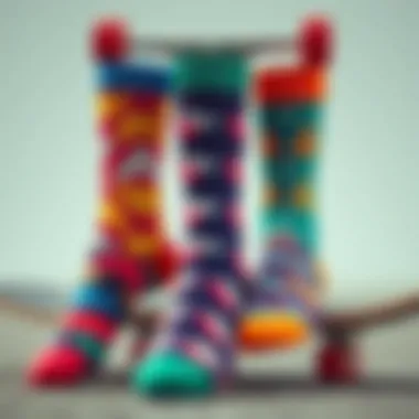 Vibrant collection of patterned socks showcased against a skateboard