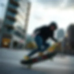 A skater performing tricks in an urban setting wearing a black hooded sweatshirt