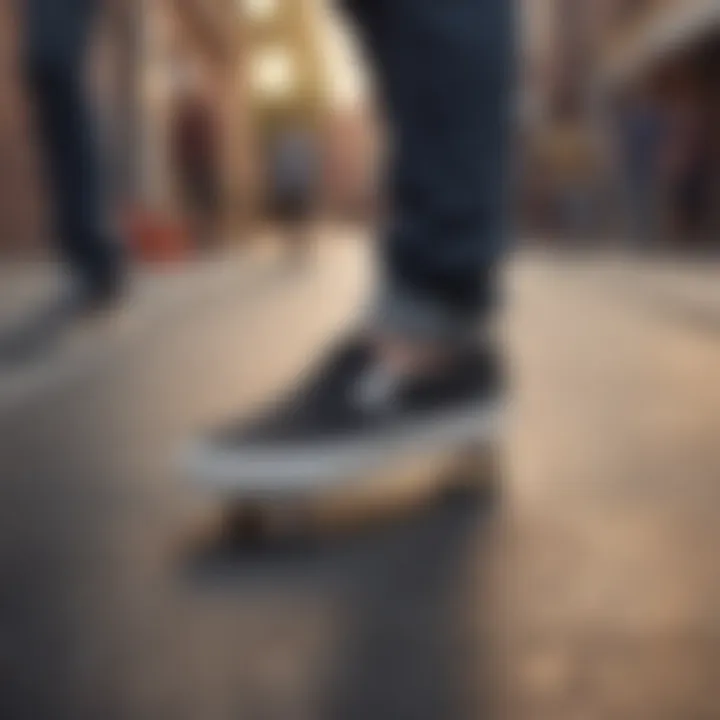 Skateboarder demonstrating the performance of Slip-On Vans while performing tricks.