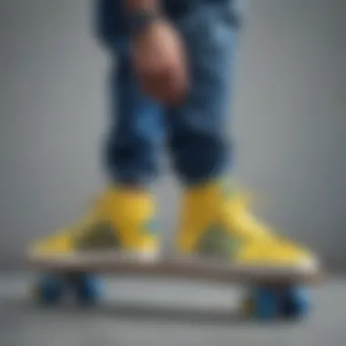 A skateboarder standing confidently with blue and yellow Adidas shoes