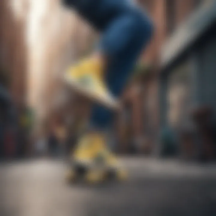 Skater performing tricks wearing blue and yellow Adidas shoes